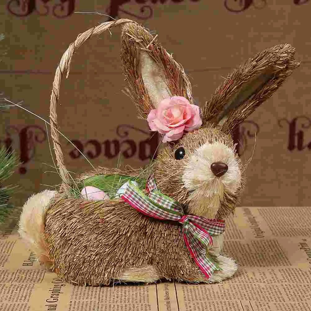 Basket Straw Rabbit Ornament Easter Statue Fruit Woven Decor