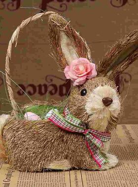 Basket Straw Rabbit Ornament Easter Statue Fruit Woven Decor