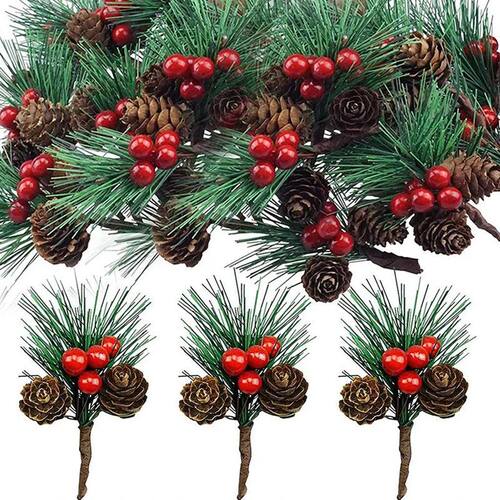 10pcs Christmas Artificial Pine Needle Branch Mini Red Berry