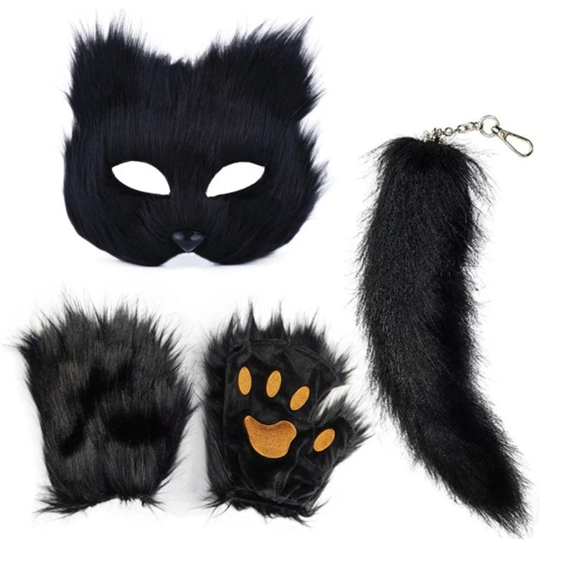 Halloween Costume Set Foxes Tail Furry Gloves Foxes Face Cov
