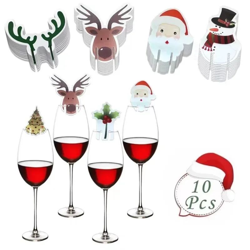 10pc/set Wine Cup Card Christmas Decor Santa Hat Glass Decor
