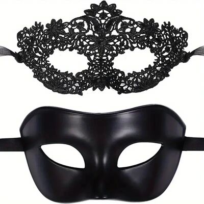 2pcs Elegant Black Lace Masquerade Mask Set for Couples - Pe