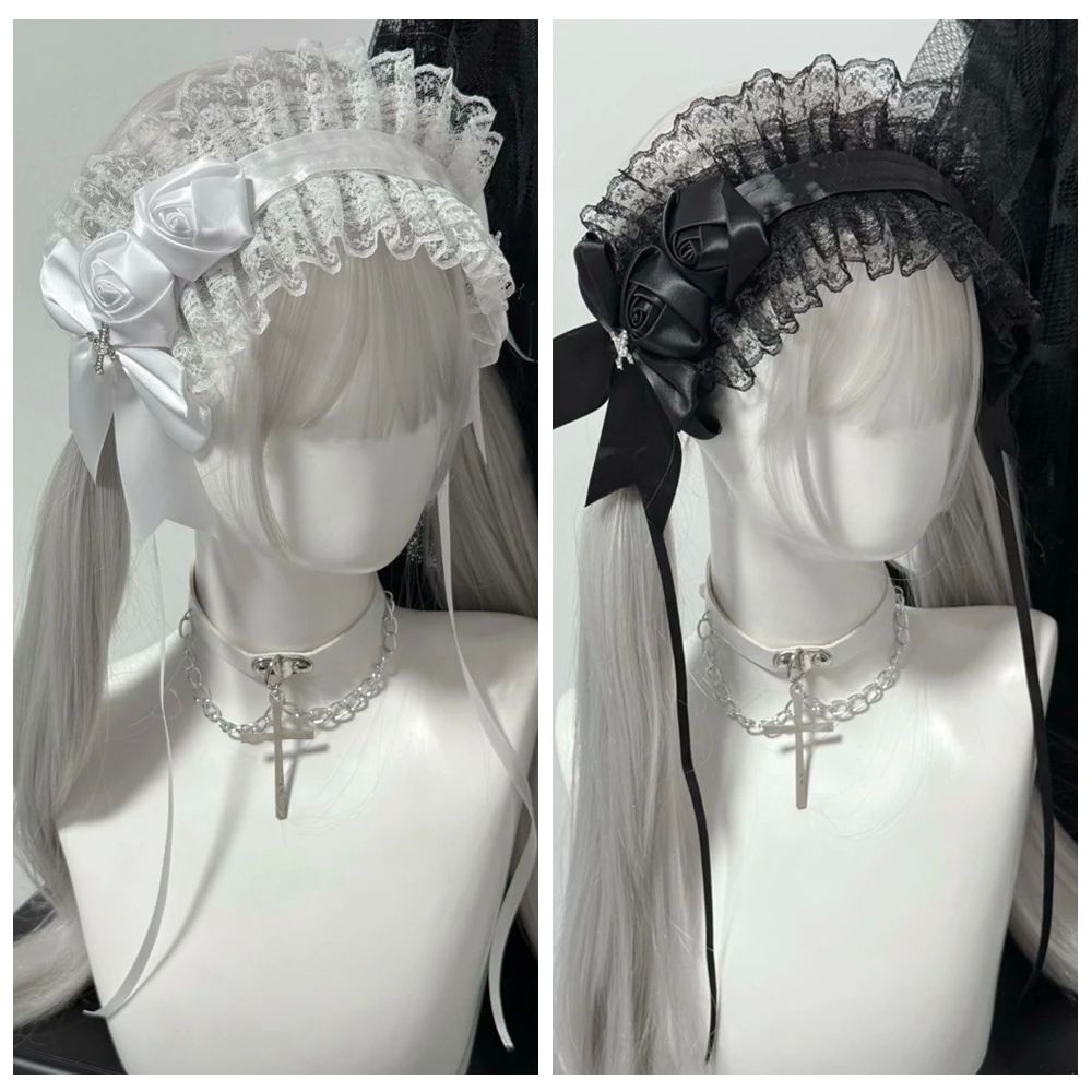 Gothic Black White Handmade Rose Lolita Headband Lace Big Bo