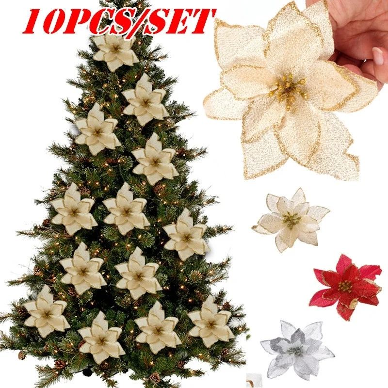 10Pcs Large Sequins Christmas Flower Glitter Poinsettia 5.5i