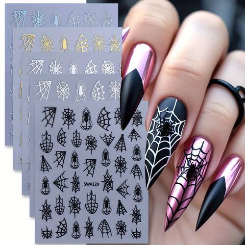 2/5pcs Y2K Spider Web Nail Art Sticker Halloween Black Gold