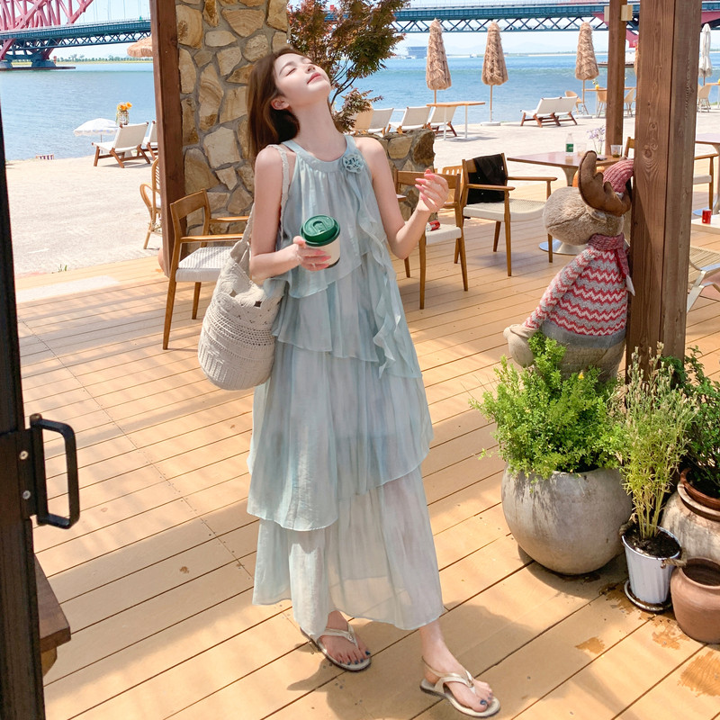 夏季女装新款时尚甜美挂脖法式晕染连衣裙3