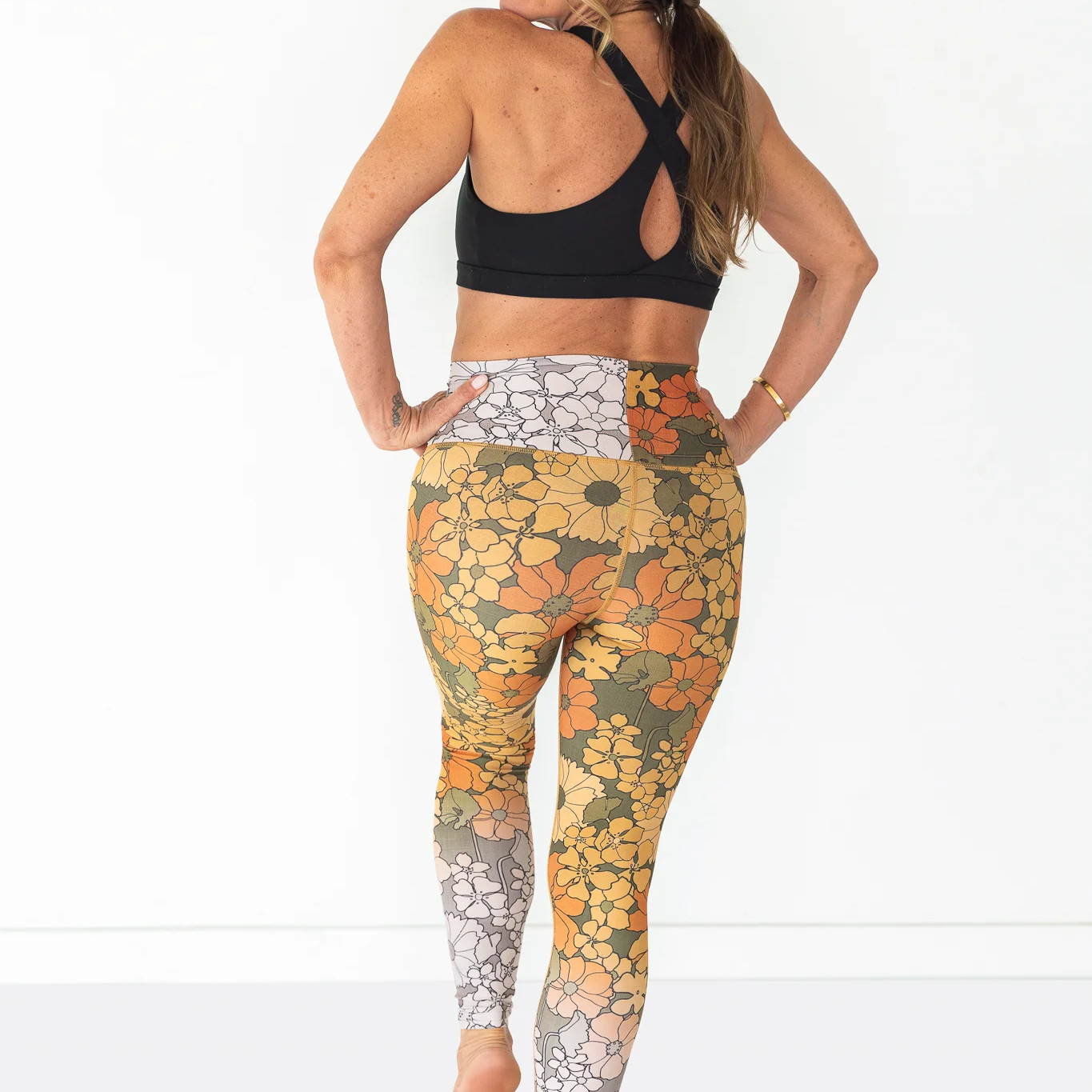 现货Resoluna印花雏菊渐变瑜伽长裤 速干中高腰显瘦黄色花朵健身