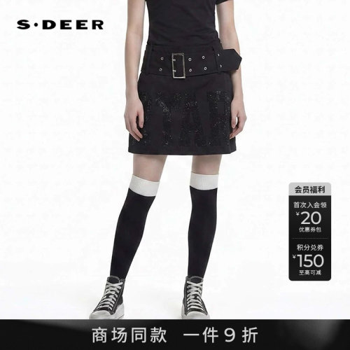 sdeer甜酷风高腰烫钻字母A字短裙