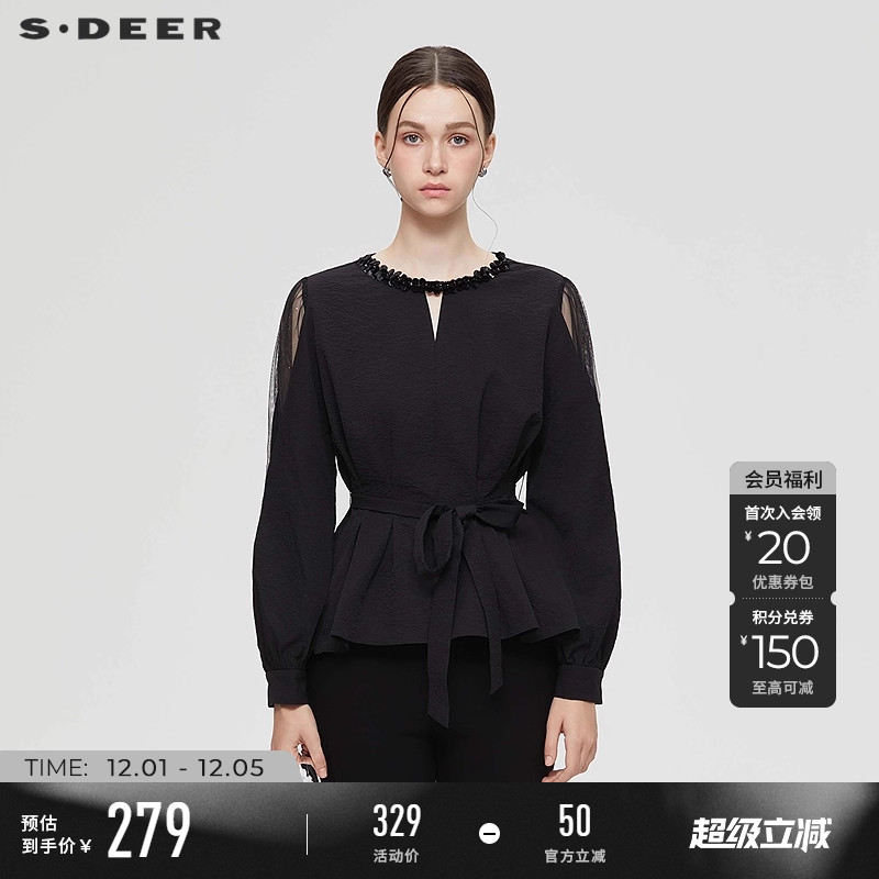 sdeer复古圆领网纱拼接收腰衬衫