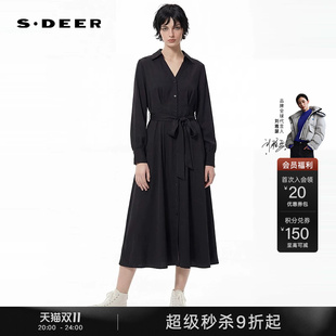 sdeer圣迪奥秋装女装OL风翻领收腰压褶雪纺衬衫连衣裙S243Z12C2