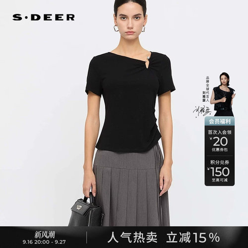 sdeer不规则领镂空压褶短袖T恤