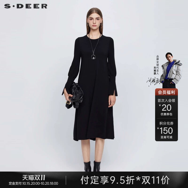 sdeer圣迪奥秋装女装罗纹圆领喇叭袖长款针织衫S243Z3507