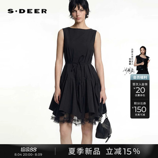 sdeer圣迪奥女装26年夏新品圆领收腰网纱抽褶无袖连衣裙S262Z1219