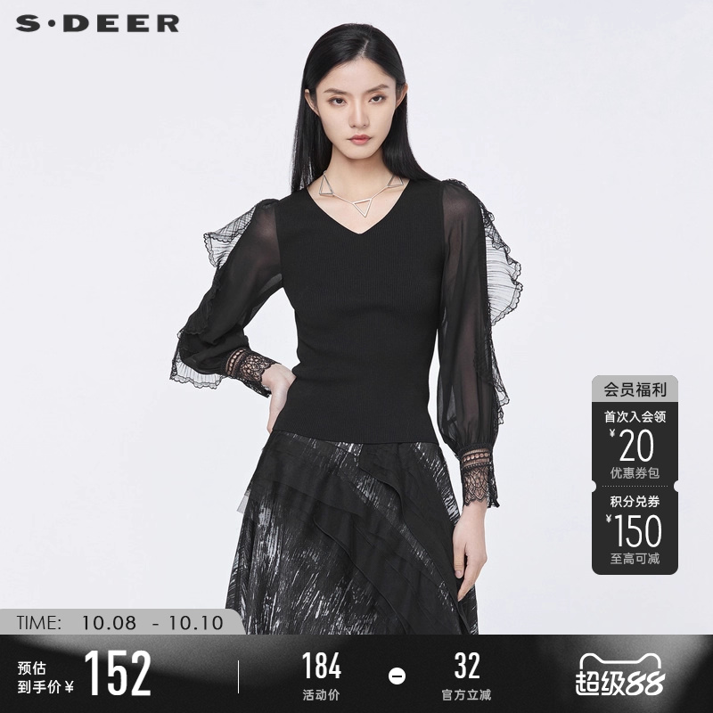 s.deer复古网纱蕾丝拼接针织衫