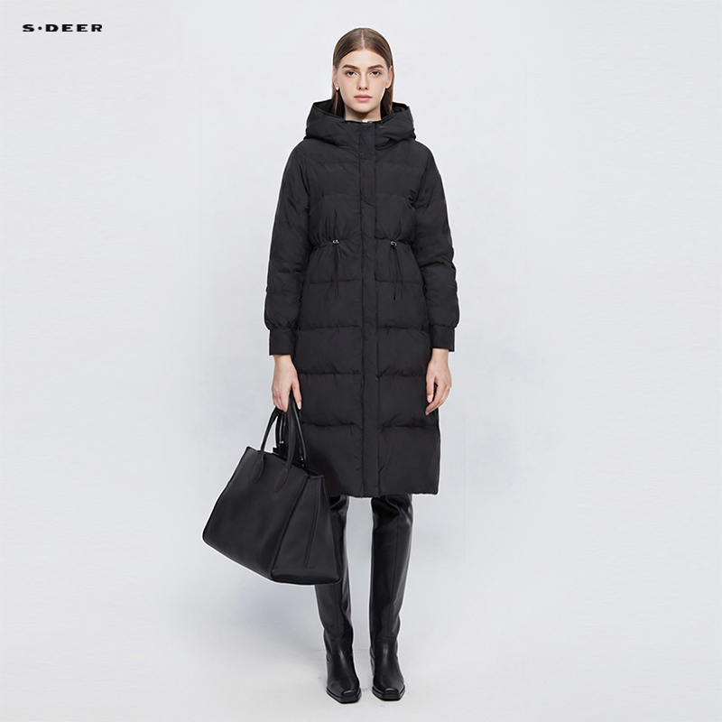 sdeer高领连帽收腰长款羽绒服