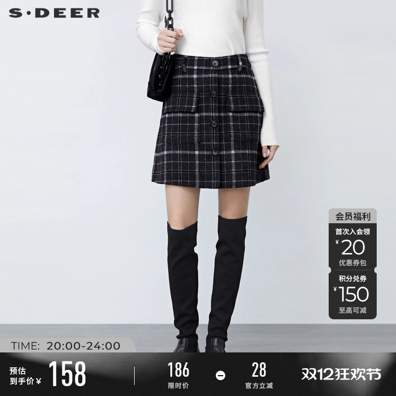 sdeer圣迪奥复古格纹插袋A字短裙