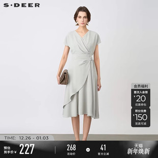 sdeer圣迪奥女装 优雅V领收腰不规则垂坠连衣裙S24261209 淡人法式
