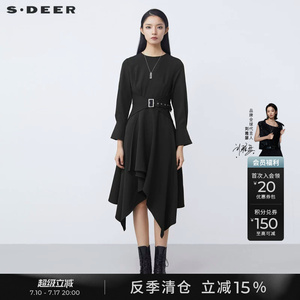 sdeer圣迪奥冬季女装圆领收腰长袖黑色连衣裙S21481223