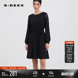 sdeer圣迪奥女装 复古圆领镂空拼接收腰连衣裙S253Z1236 春秋装