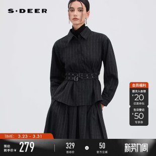 S253Z0569 衬衫 sdeer圣迪奥女装 OL风翻领格纹撞色收腰毛呢长袖