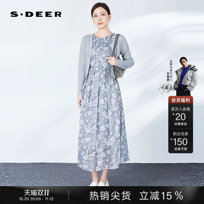 sdeer圣迪奥秋装女装复古圆领印花收腰针织衫连衣裙套装S243Z1408