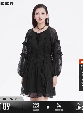 sdeer圣迪奥春装女圆领波点木耳边宽松小众设计连衣裙S221Z1293