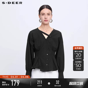 sdeer圣迪奥春秋装 复古V领压褶设计感泡泡袖 衬衫 S233Z0527 女装