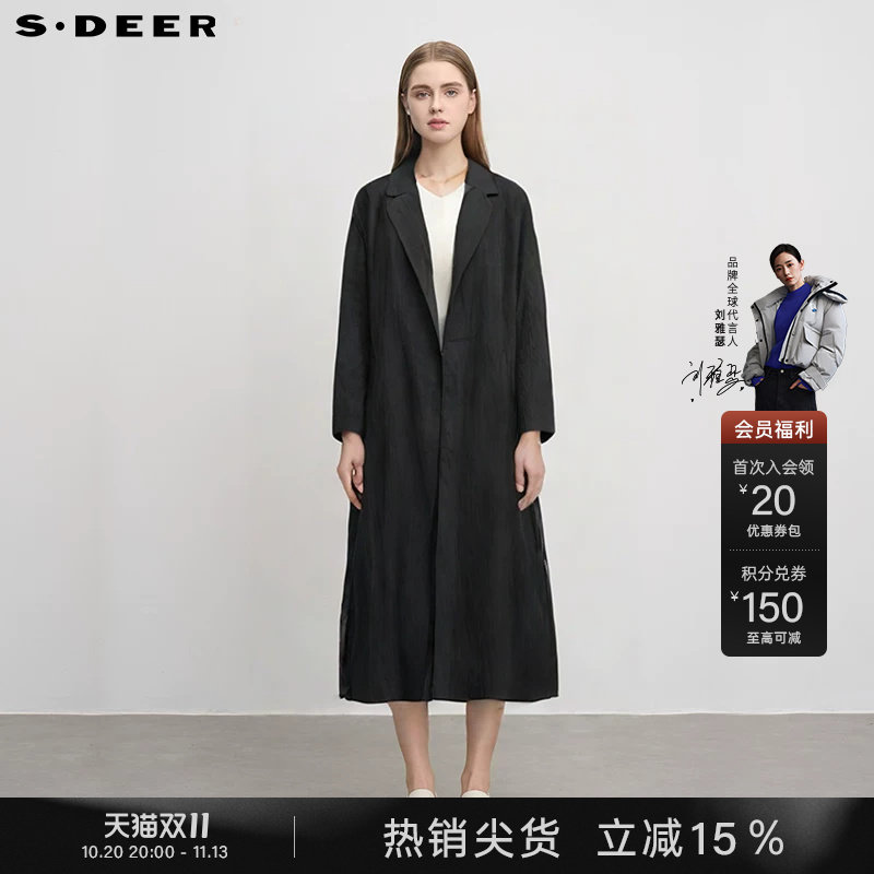 sdeer圣迪奥春秋装女装西装领肌理雪纺拼接长款风衣S25181801