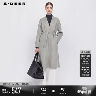 sdeer圣迪奥冬装 OL风V领收腰绵羊毛双面呢宽松大衣S244Z2503 女装