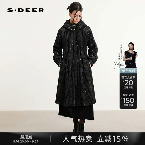 sdeer连帽趣味箭头肌理长款棉服