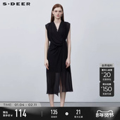 sdeer圣迪奥雪纺长裙春装 V领不规则拼接连衣裙S223Z12G6