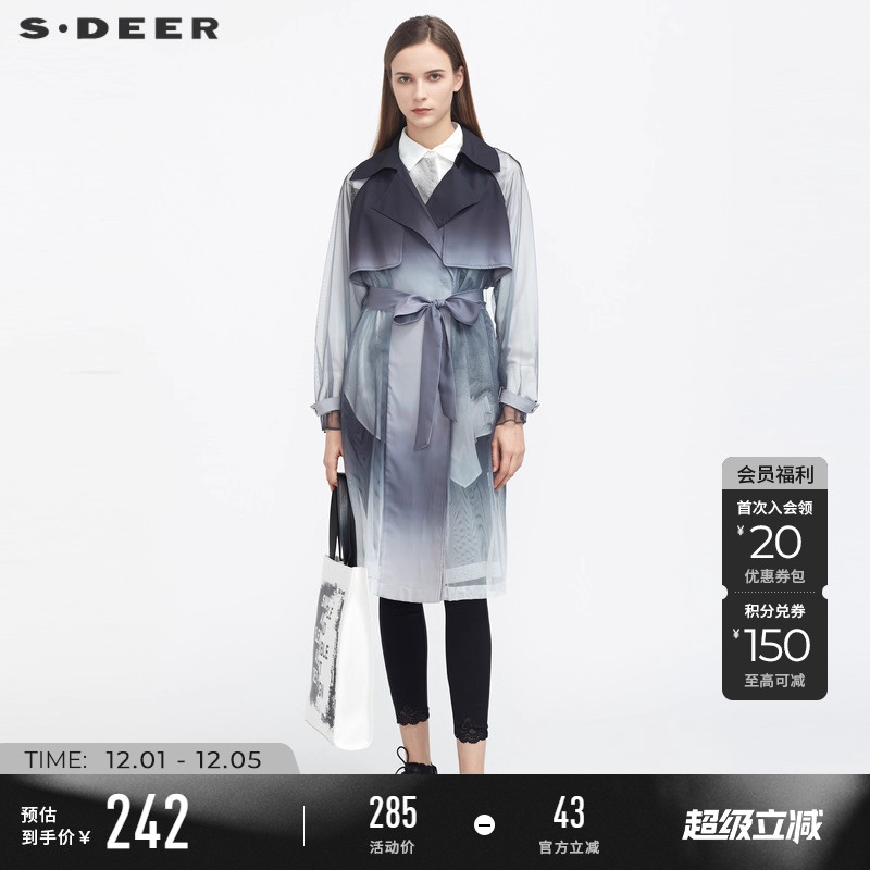 s.deer休闲翻领网纱轻薄风衣