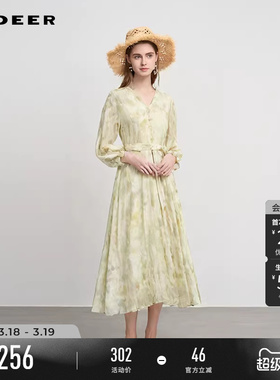 sdeer圣迪奥春秋装女装田园风V领收腰印花网纱连衣裙S243Z1208