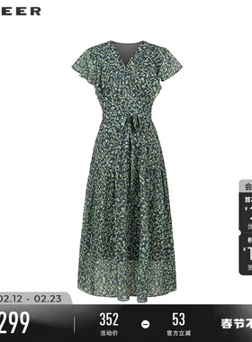 sdeer圣迪奥女装V领荷叶边碎花收腰雪纺连衣裙S233Z1273
