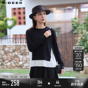 S24383508 罗纹压褶拼接蕾丝针织衫 sdeer圣迪奥2025秋装 女装