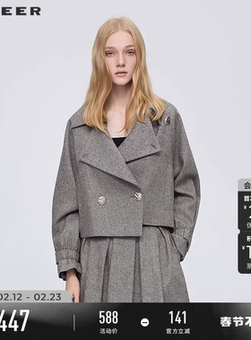 sdeer圣迪奥女装春秋装OL风翻领不规则毛呢短款外套S253Z2221