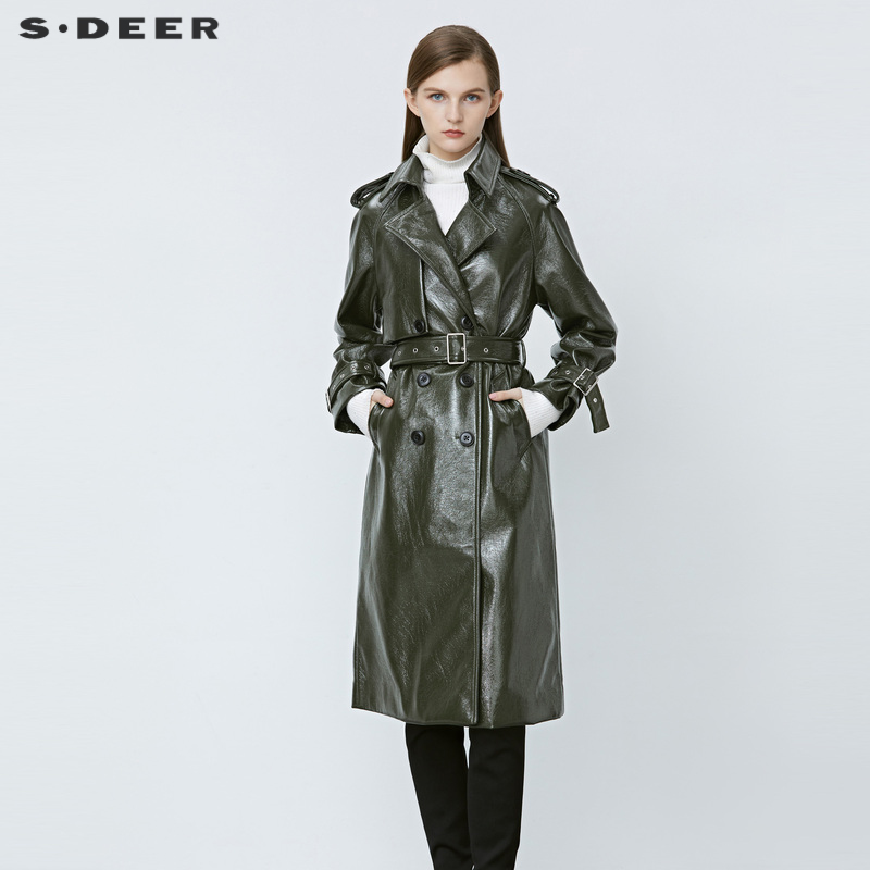 sdeer收腰双排扣PU皮长款大衣
