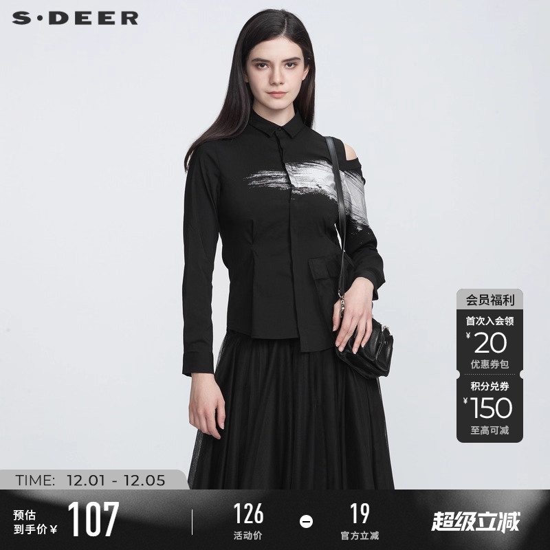 sdeer翻领印花网纱挖肩黑色衬衫