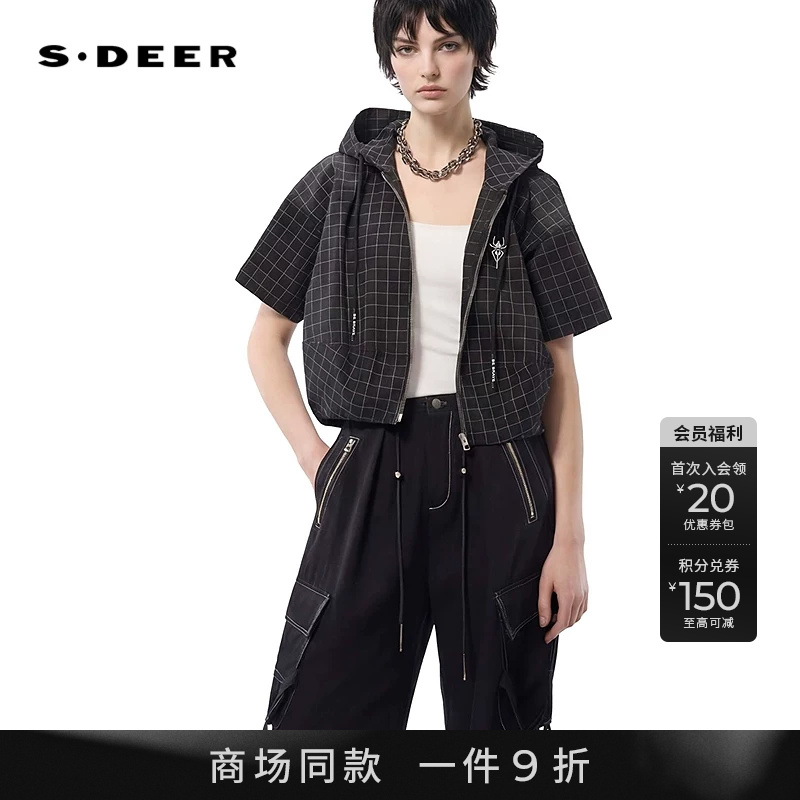 sdeer抽绳连帽棋盘格宽松上衣