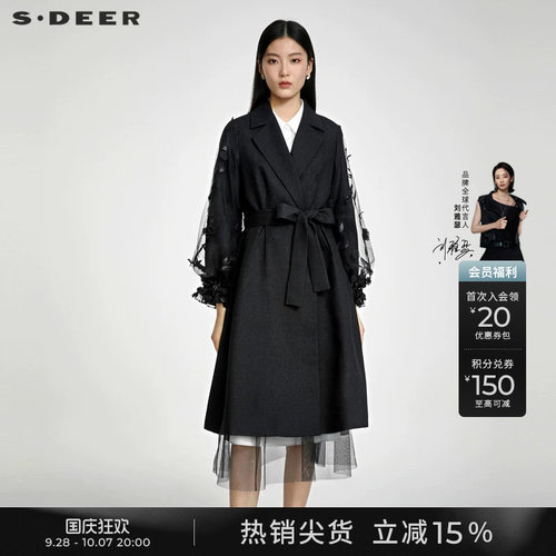 s.deer西装领网纱绣花长款风衣