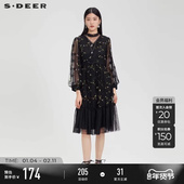 sdeer圣迪奥女装 V领网纱绣花网纱泡泡袖 连衣裙S231Z12E9