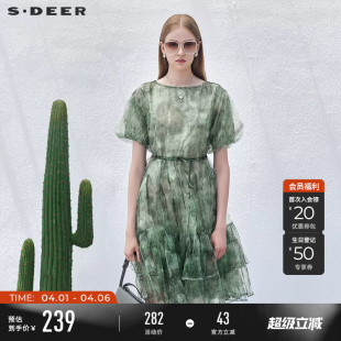 sdeer圣迪奥女装 连衣裙S232Z12R8 淡人穿搭圆领晕染收腰网纱短袖