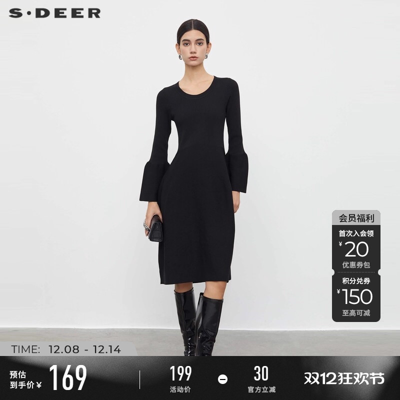 s.deer罗纹圆领喇叭袖针织连衣裙