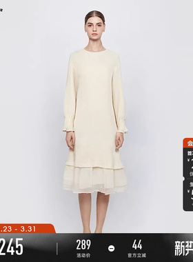 sdeer圣迪奥秋冬季女装复古圆领格子网纱拼接连衣裙S244Z1267