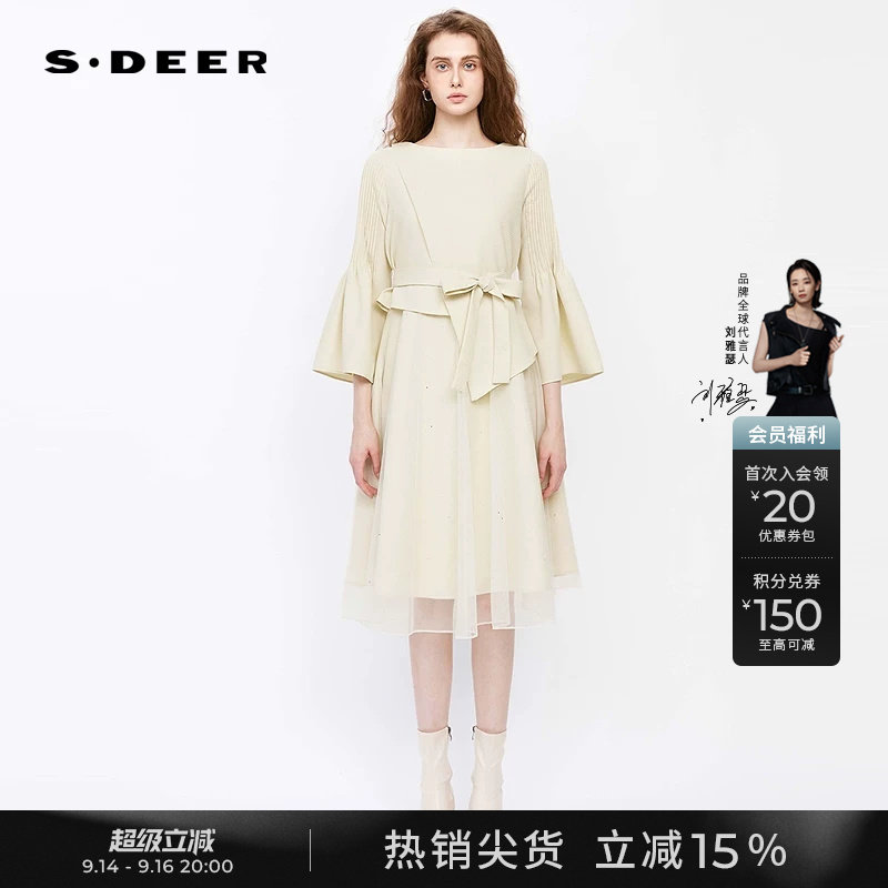 s.deer压褶网纱喇叭袖连衣裙图片