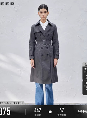 sdeer圣迪奥春秋装女装翻领双排扣收腰长款风衣外套S23381802