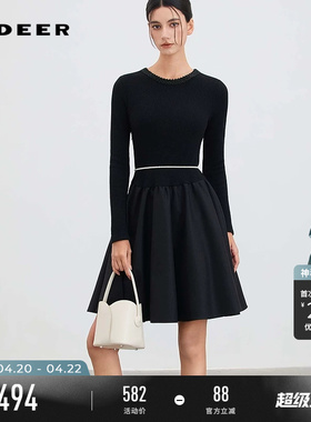 sdeer圣迪奥女装春装优雅圆领针织拼接网纱连衣裙S254Z1210