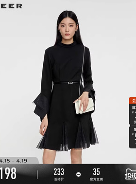 sdeer圣迪奥春装女装圆领收腰网纱喇叭袖连衣裙S231Z1214