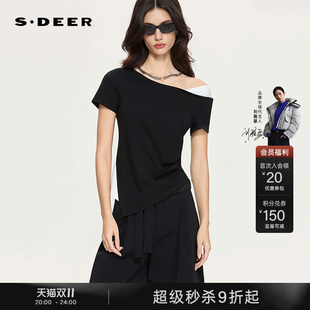 sdeer圣迪奥女2026秋季新款圆领撞色拼接不规则短袖T恤S263Z0101