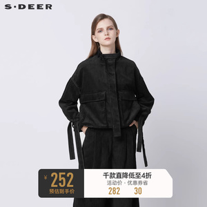 sdeer圣迪奥女装春装复古立领绑带灯芯绒短款外套女S21362226
